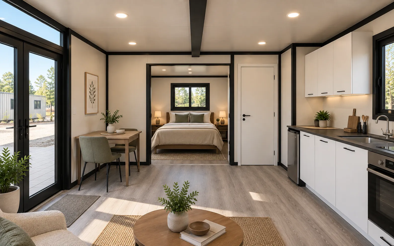 Inside a THiNQ guest house: a double bed with linen bedding and a kitchenette beyond