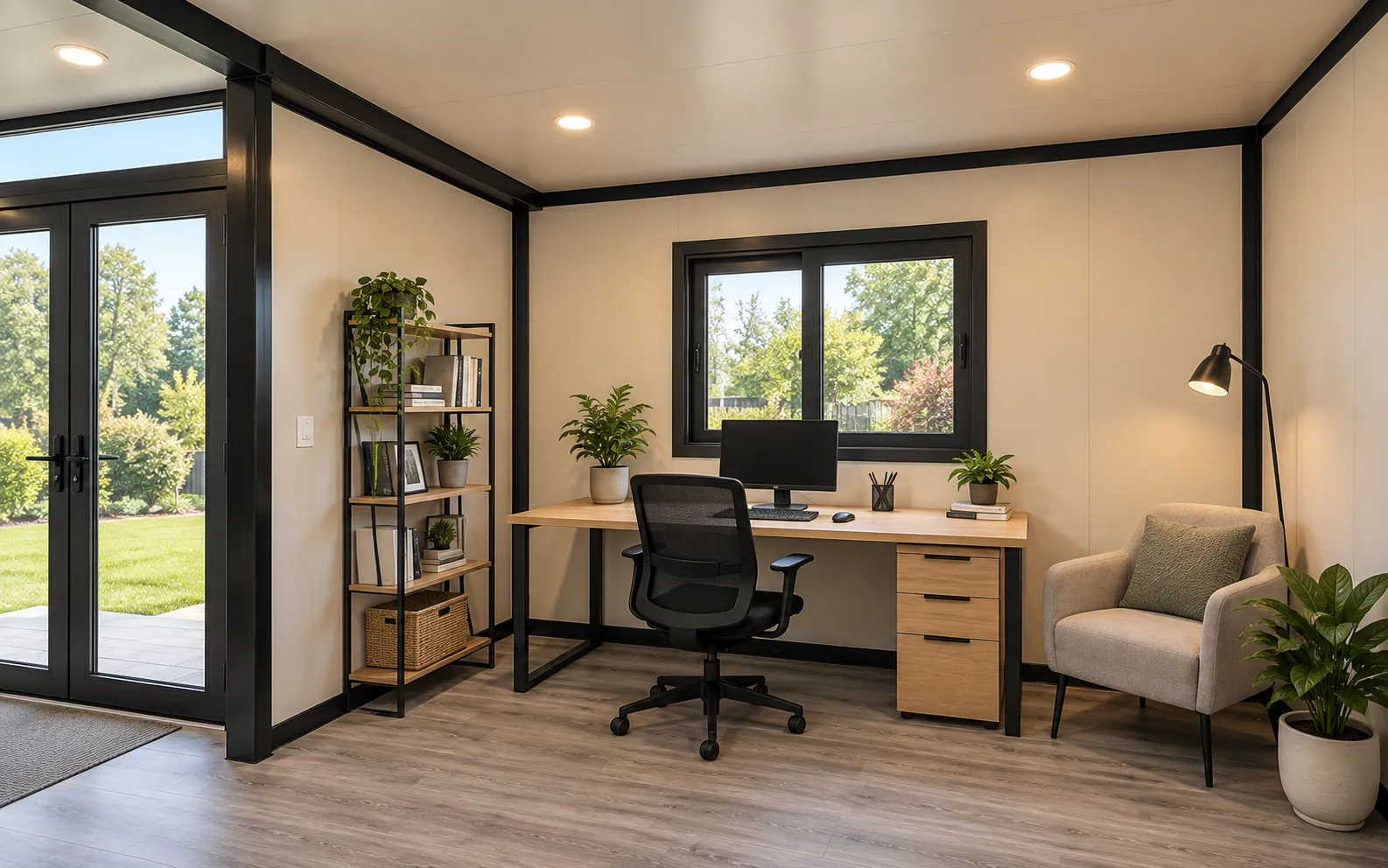 Inside a THiNQ home office: a wide oak desk facing glass doors onto a garden