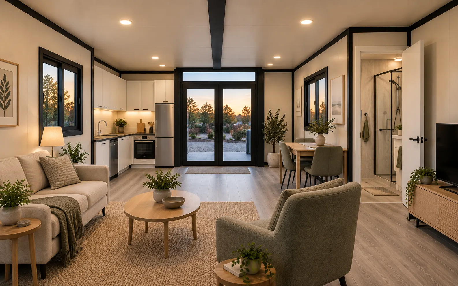 Inside a THiNQ in-law suite: living area with sofa, compact kitchen and a wide clear walkway