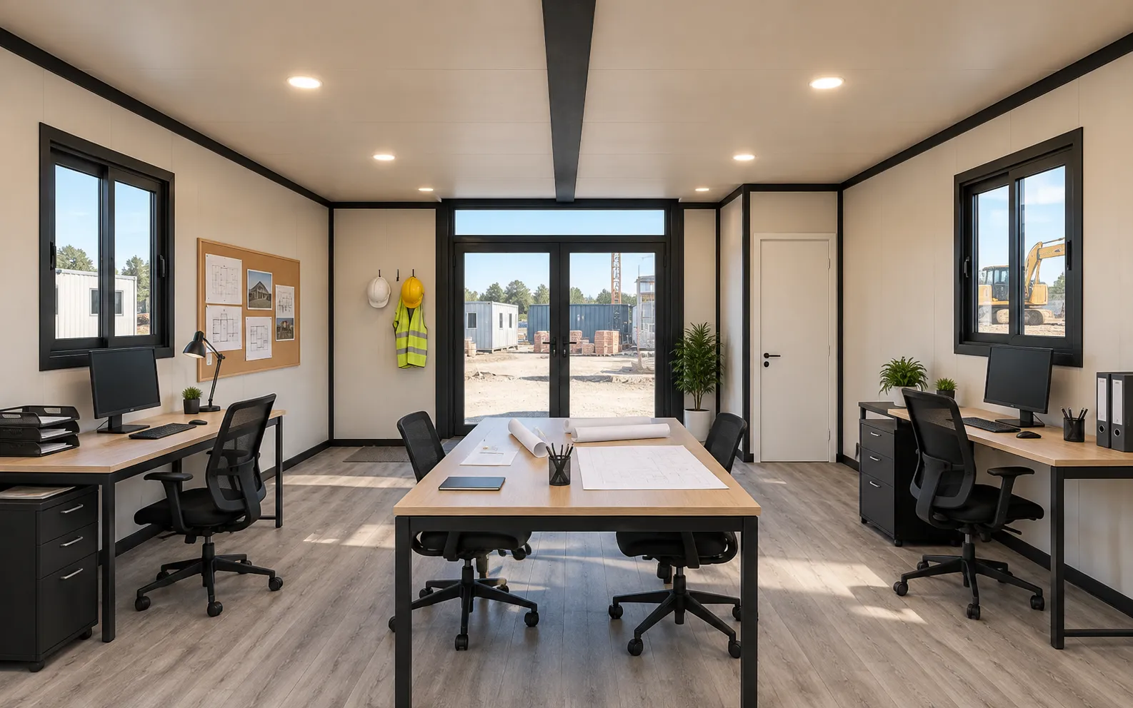 Inside a THiNQ site office: two desks, a plan chest and a meeting table