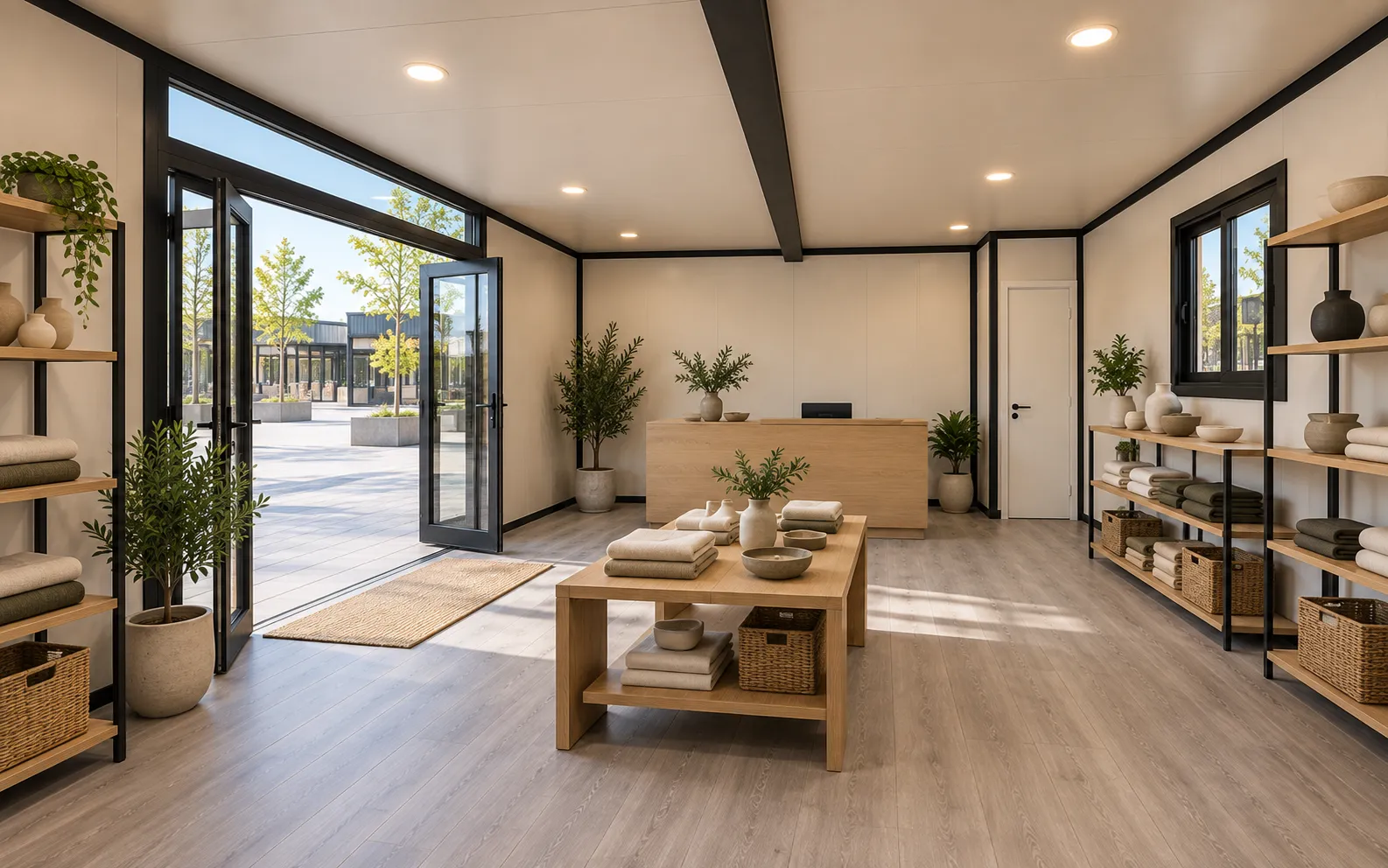 Inside a THiNQ pop-up boutique: minimal shelves of ceramics and textiles and a slim counter