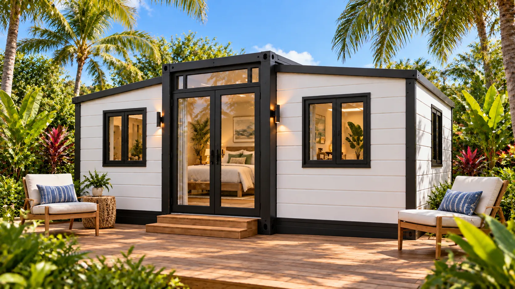 The same unit as a guest house on a timber deck among palms
